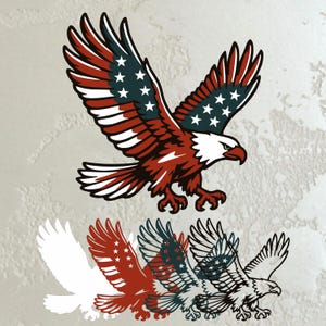 May include: A patriotic illustration of an eagle in flight, featuring red, white, and blue colors. The eagle's wings display stars and stripes, with multiple faded versions below the main image. The design is suitable for various applications.