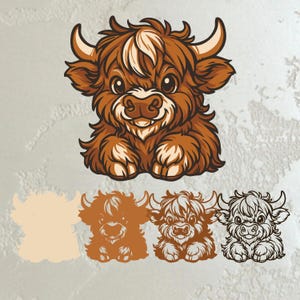 Vache Highland mignonne en couches SVG PDF dxf AI cdr fichier découpé au laser pour Cricut et Glowforge, décoration murale animaux de la ferme en téléchargement numérique