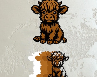 SVG de vaca bebé de las Tierras Altas en capas: archivo de corte láser de animal de granja en 3D (descarga digital)