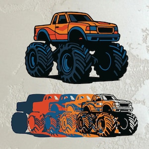 May include: An orange and blue monster truck illustration with large tires. The image features a single truck and a series of trucks in a row with overlapping colors, creating a shadow effect. The background is a light, textured gray.