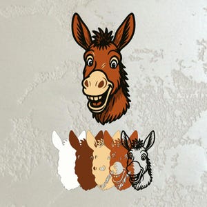 May include: A cartoon illustration of a smiling donkey's head in shades of brown, with a light tan muzzle and large, expressive eyes. Below, a series of donkey head outlines in various colors, including white, brown, and tan.