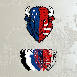 May include: A graphic illustration of a bison head, split vertically with a blue and red color scheme. The blue side features white stars, while the red side has white stripes. Below, a series of bison heads in black, white, blue, and red.