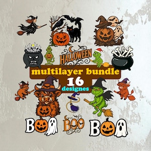 Puede incluir: Colección de diseños digitales con temática de Halloween. La imagen presenta varias ilustraciones, incluyendo una bruja, calabazas, fantasmas, murciélagos y un caldero. El texto incluye "Halloween", "multilayer bundle" y "16 designs". La paleta de colores incluye naranja, negro y verde.