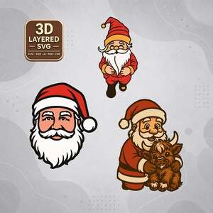 3DレイヤードサンタSVGバンドル、クリスマスサンタカットファイル、ハイランド牛とサンタ、Cricutレーザーカットデザイン