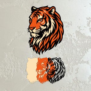 Puede incluir: Ilustración detallada de la cabeza de un tigre de perfil, con tonos naranja, negro y crema. El diseño incluye una vista superior y un efecto de capas debajo, creando un visual dinámico.