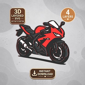 Peut inclure: Un fichier numérique SVG en couches 3D représentant une moto de sport rouge et noire. Le graphique inclut des étiquettes de texte indiquant 3D LAYERED SVG, 4 LAYERS et INSTANT DOWNLOAD. Le design est une illustration vectorielle multicouche.