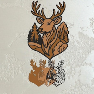 Puede incluir: Ilustración de un ciervo marrón con una escena de bosque. El ciervo tiene grandes astas y está rodeado de árboles. La imagen tiene un efecto de sombra, creando una apariencia en capas. El diseño es adecuado para arte mural o decoración del hogar.