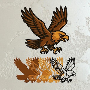 May include: A brown and gold illustration of an eagle in flight, with wings spread wide. The eagle is depicted with sharp talons and a fierce expression. Below, a series of stylized eagle silhouettes in varying shades of brown and gold create a sense of motion.