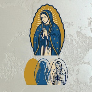 Op de afbeelding: Een grafische illustratie van de Maagd Maria in een blauwe jurk met gouden accenten, handen gevouwen in gebed, omringd door een gouden halo met sterdetails. Een tweede, vergelijkbare afbeelding staat hieronder.