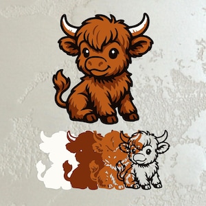 Op de afbeelding: Een cartoon illustratie van een Schotse Hooglander in bruintinten, met een pluizige vacht, gebogen hoorns en een glimlachende uitdrukking. Hieronder staan ​​verschillende omtrekvariaties van dezelfde koe in verschillende kleuren.