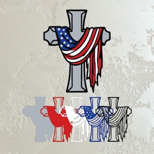 May include: A gray cross design with a draped American flag. The flag features red and white stripes and a blue field with white stars. Below are variations of the cross in different colors.