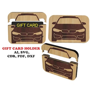 Portatarjetas de regalo para automóvil SVG, caja para tarjetas de regalo cortada con láser, estuche de madera para tarjetas de regalo, portatarjetas de regalo estilo automóvil, archivo digital PDF dxf AI cdr