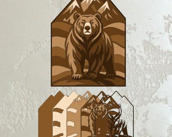 Layered Bär Berg 3D svg pdf cdr dxf Datei für Laserschneiden, mehrschichtige Grizzly Waldszene Wildtier Wandkunst Vektor Vorlage