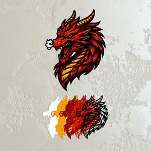 May include: A detailed illustration of a red dragon's head with sharp teeth and horns. The dragon is depicted in a fierce pose, with a white object in its mouth. Below, a series of dragon head outlines in white, yellow, red, and black.