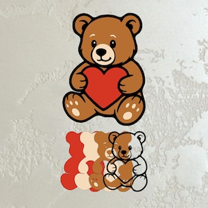 Könnte beinhalten: Illustration eines braunen Teddybären, der ein rotes Herz hält. Der Bär hat eine schwarze Umrandung und sitzt. Unter dem Bären befinden sich drei weitere Illustrationen des Bären in verschiedenen Farben.