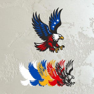Puede incluir: Ilustración estilizada de un águila con las alas extendidas, con una combinación de colores patrióticos en rojo, blanco y azul. Las alas del águila están detalladas con estrellas y rayas, y hay varias variaciones del águila en diferentes colores.