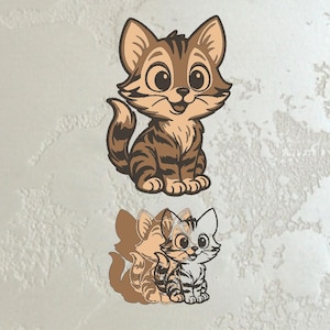 Könnte beinhalten: Eine Cartoon-Illustration einer braunen und tanfarbenen Tabby-Katze mit großen Augen und einem lächelnden Gesichtsausdruck. Die Katze sitzt aufrecht mit eingerolltem Schwanz. Darunter befindet sich ein Spiegelbild der Katze in einer anderen Farbe.