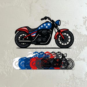 May include: A stylized motorcycle illustration with a patriotic theme. The motorcycle features a blue gas tank with white stars, red and white stripes, and black tires and engine. A series of motorcycles in various colors are below.