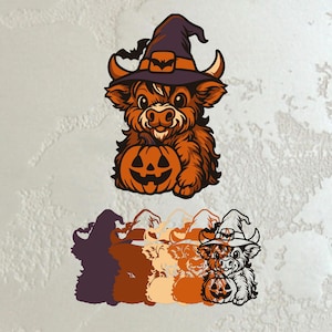 May include: A cartoon illustration of a Highland cow wearing a witch hat and holding a carved pumpkin. The cow is brown and orange, with a black hat and a bat on the hat. The pumpkin is orange with a carved face.