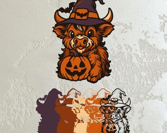 Highland Cow Halloween Layered SVG PDF Cute Pumpkin Witch Hat Laser Cut File for CNC Glowforge Cricut Vector Art Download