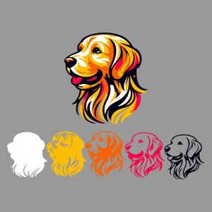 Pode incluir: Uma ilustração estilizada da cabeça de um golden retriever de perfil. A pelagem do cão é representada em tons de amarelo, laranja e vermelho. A ilustração está disponível em cinco variações de cor: branco, amarelo, laranja, vermelho e preto.