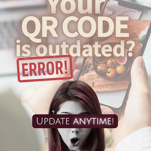 Könnte beinhalten: Bild mit Text: "Ihr QR-Code ist veraltet? FEHLER! JEDERZEIT AKTUALISIEREN!" Eine Person hält ein Smartphone mit einem QR-Code. Die Person hat rotes Haar und trägt ein weißes Hemd.