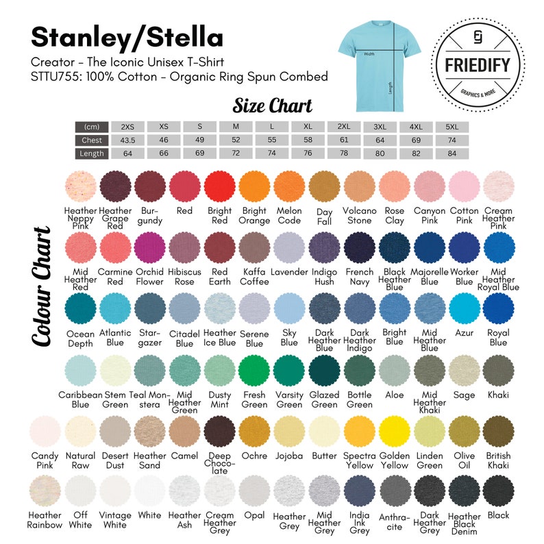 May include: A size chart for unisex t-shirts with a color chart showing various shades of red, blue, green, yellow, and grey. The chart includes names for each color, such as "Heather Neppy Pink", "Mid Heather Red", "Ocean Depth", "Caribbean Blue", "Candy Pink", "Heather Rainbow", and "Heather Cream Grey".