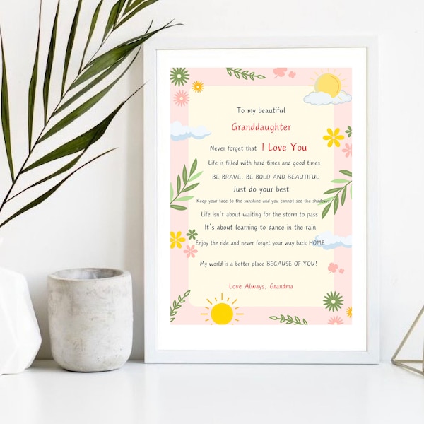 Granddaughter Poem Birthday card - To My Granddaughter Card Print - Granddaughter Graduation Poem Verse Print - Letter to Granddaughter