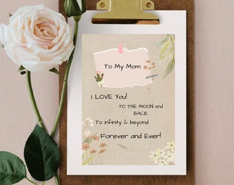 Printable Card Gift for Mom from Daughter or Son -  I Love You To The Moon Birthday Card for Mom from Kid - Happy Birthday Mom - Mom Card