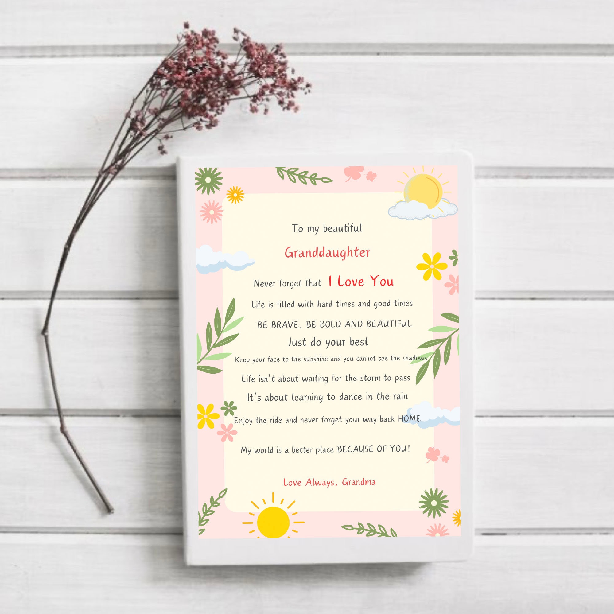 Granddaughter Poem Birthday Card to My Granddaughter Card Print