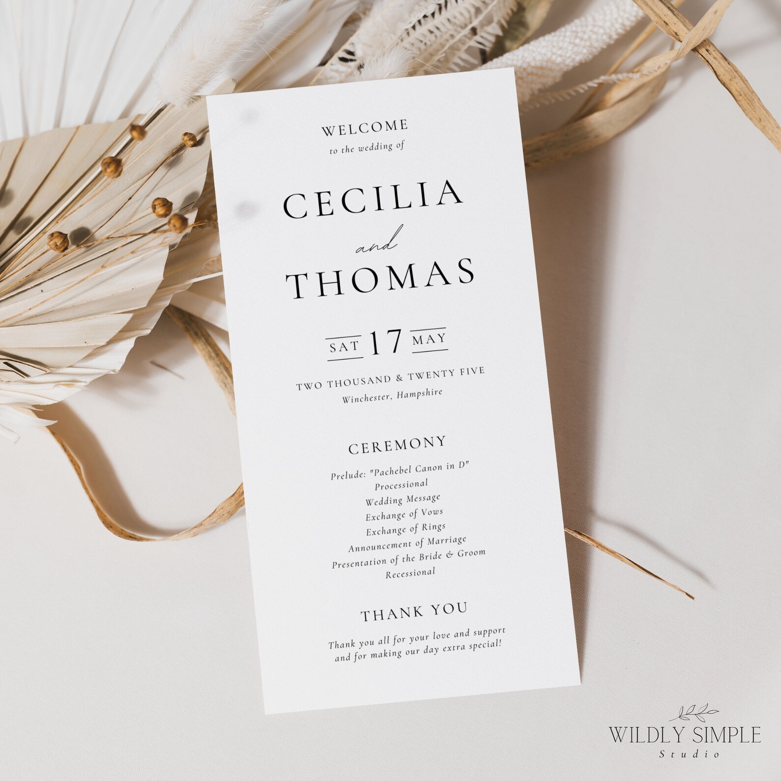 Long Wedding Program, Slim Elegant Order of Service, Double Sided ...