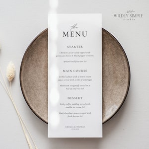Menu de mariage mince, carte de menu de table de mariage élégante, menu de calligraphie classique, menu grand et fin, téléchargement immédiat, modifiable avec Canva - WSS04