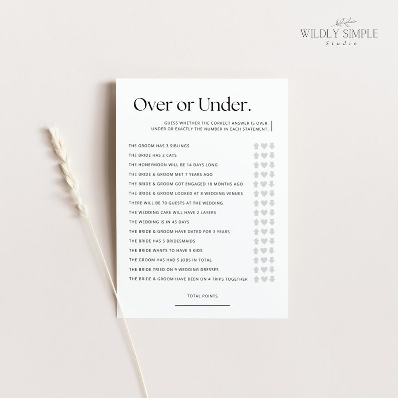 Over or Under Bridal Shower Game, Printable Bachelorette Party Activity ...