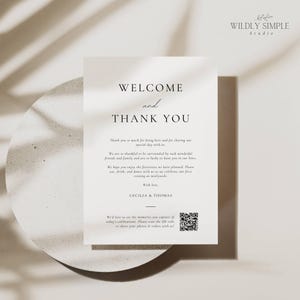 Hochzeit Dankeskarten QR-Code, danke für kommende Tischdekoration Tischkarte, druckbarer Empfang Willkommensgruß, bearbeitbare Canva Vorlage WSS04