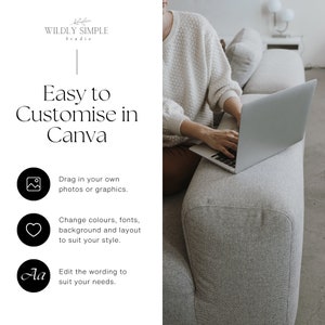 Może przedstawiać: Białe tło z czarnym tekstem, kt&oacute;ry brzmi "WILDLY SIMPLE Studio" i "Łatwe w personalizacji w Canva". Pod tekstem znajdują się trzy ikony: ramka do zdjęcia, serce i litery "Aa". Każda ikona zawiera tekst opisujący, jak spersonalizować projekt w Canva.