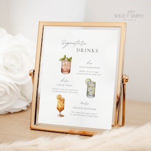 Signature drink His Hers Ours, menu imprimable de bar de mariage, signe de table trois cocktails, modèle de toile modifiable, téléchargement immédiat - WSS04