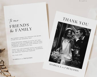 May include: Two white wedding cards. One card reads "To our Friends & Family" with a message and the names Isabella and Benjamin. The other card says "Thank You" with a black and white photo of a couple toasting, and the names Isabella and Benjamin.