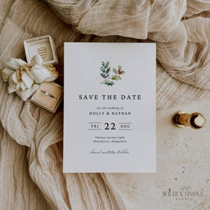 Tarjeta de invitación para boda de invierno sencilla con temática navideña, plantilla editable de Canva, hojas de acebo festivas, descarga instantánea, WSS07