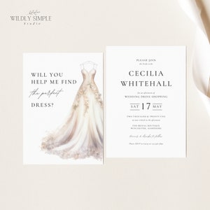 Hochzeit Kleid Einkaufen Einladen, Elegante Brautparty-Einladung, Kleid passende Karte, Bearbeitbar mit Canva, Sofort-Download - WSS04
