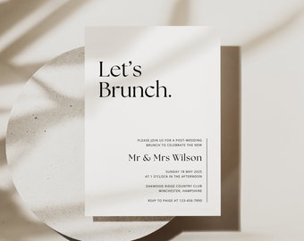 May include: A minimalist wedding brunch invitation with the text "Let's Brunch."  The invitation is for Mr. & Mrs. Wilson and is set for Sunday, May 18, 2025 at 1 o'clock in the afternoon at Oakwood Ridge Country Club in Winchester, Hampshire. RSVP to Paige at 123-456-7890.