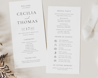May include: Wedding ceremony program with a white background and black text. The program includes the names of the bride and groom, Cecilia and Thomas, the date of the wedding, and the order of events. The program also includes a list of the bridal party members.