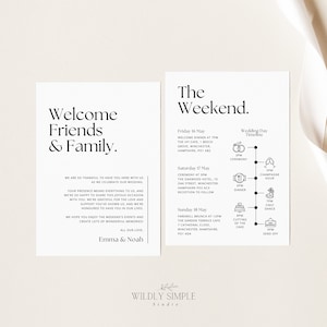 Información para el fin de semana de bodas, notas y cronograma para la bolsa de bienvenida, orden del itinerario de los eventos, plantilla de Canva editable para hacer uno mismo - WSS03