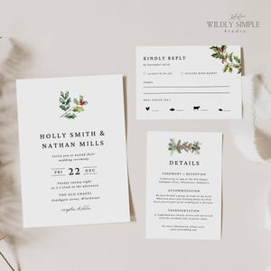 Zestaw zaproszeń na ślub w Boże Narodzenie, RSVP z wyborem posiłku, zestaw zaproszeń Winter Holly, edytowalny pakiet szablonów Canva, natychmiastowe pobranie, WSS07