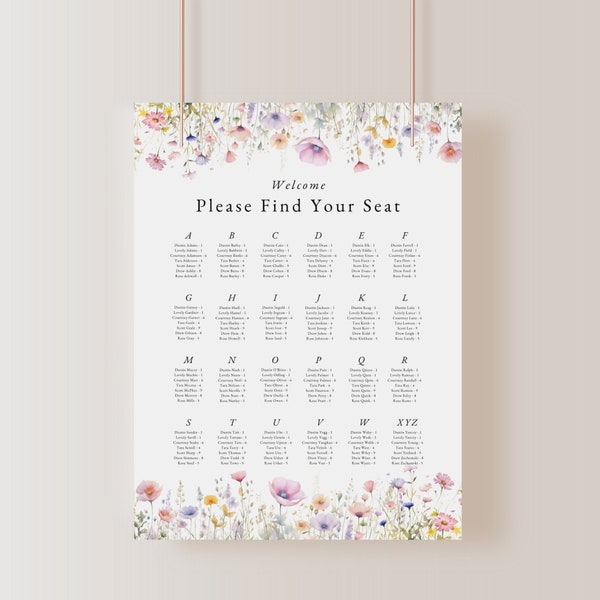 Modèle de tableau de sièges fleurs sauvages par ordre alphabétique, Plan de table de mariage floral fantaisiste, bricolage modifiable avec Canva, téléchargement immédiat - WSS02