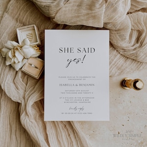 Verlobungsfeier Einladungsvorlage, She Said Yes Invite, Wir sind verlobt, Modern Minimalist, Sofort Download, Bearbeitbar mit Canva, WSS02