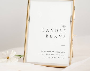 May include: A gold-framed sign with the text "This Candle Burns" and the message "in memory of those who are not here today but are forever in our hearts".