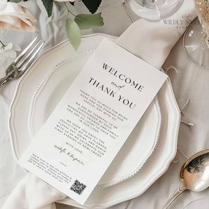 Vielen Dank, dass Sie Platzkarte mit QR-Code, Hochzeit Danke für kommende Tischdekoration, Printable Empfang Willkommen Note, Bearbeitbare Canva Vorlage, WSS02