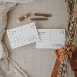 Plantilla de tarjeta RSVP, postal, invitación de boda minimalista moderna, tarjeta de respuesta por correo, editable con Canva, descarga instantánea - WSS01