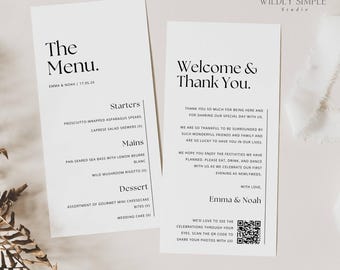 May include: Two minimalist wedding stationery cards with black text on a white background. One card reads "The Menu" with a list of dishes. The other card says "Welcome & Thank You" with a thank you message and a QR code.
