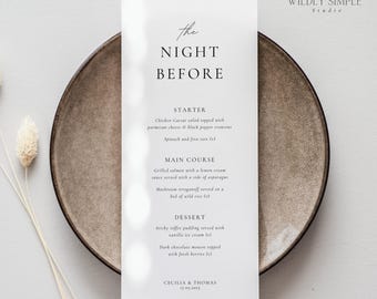 Rehearsal Dinner Menu Template, The Night Before Setting Card, Elegant Wedding Place Cards, Editable With Canva, Instant Download - WSS04